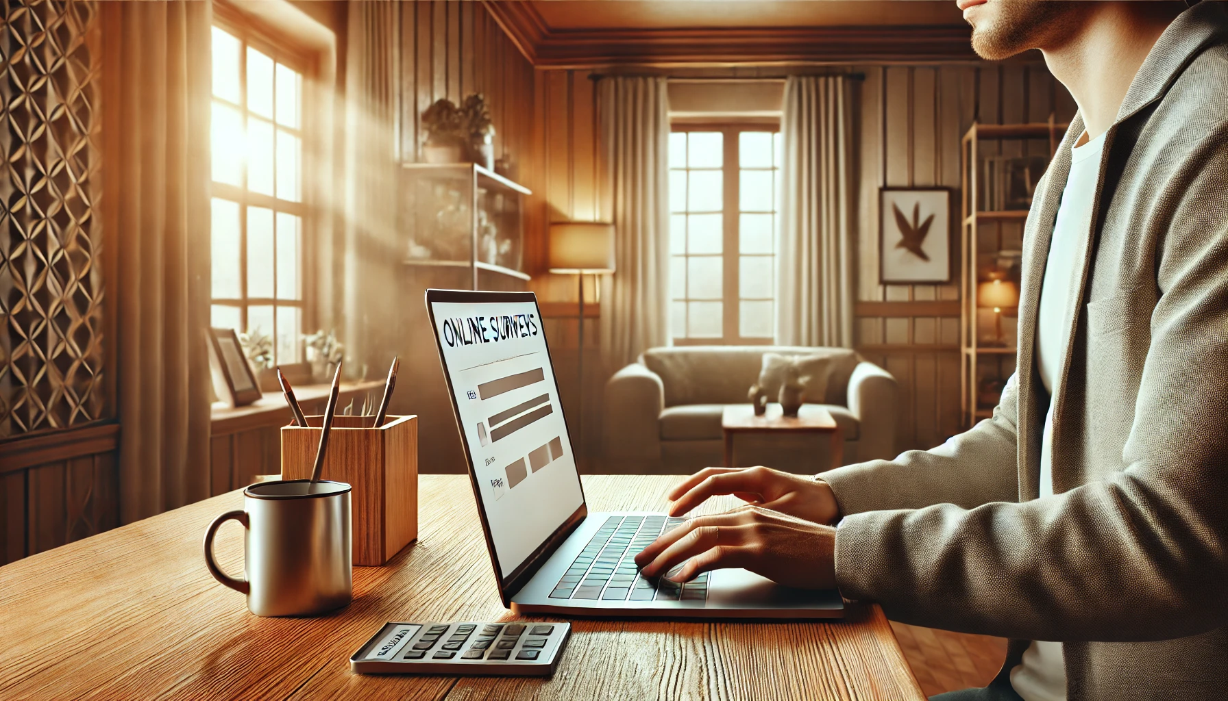 Une personne utilise un ordinateur portable pour des sondages en ligne dans un espace de travail confortable avec une lumière naturelle.